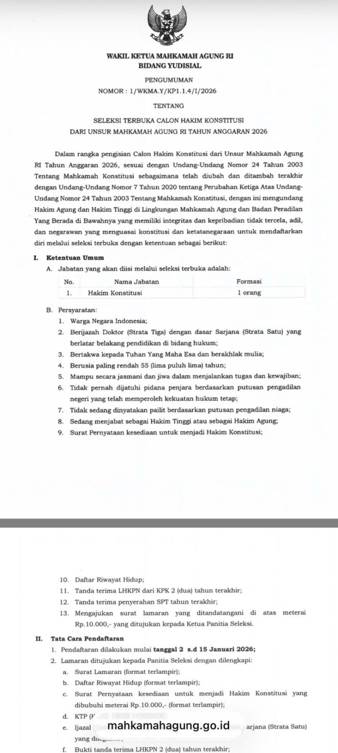 
					MA Gelar Seleksi Terbuka Calon Hakim Konstitusi Tahun Anggaran 2026, Segera Daftar!